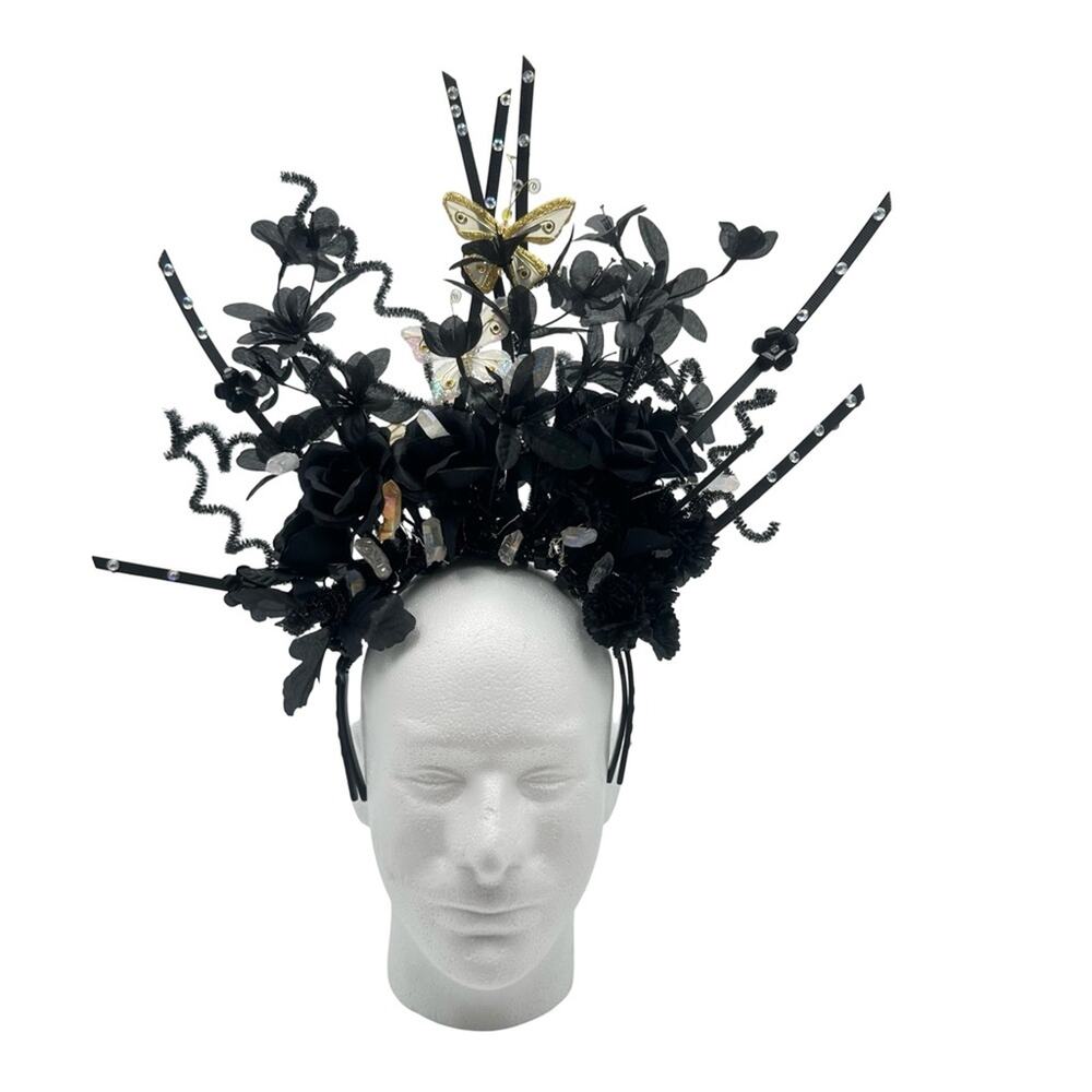 GOTHIC Artisan halo crown Black Floral Headpiece with Butterfly Accent handmade